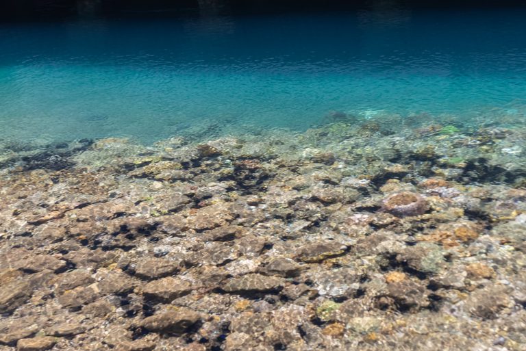 Seabed of loose stones and cobbles stretching away under clear blue water