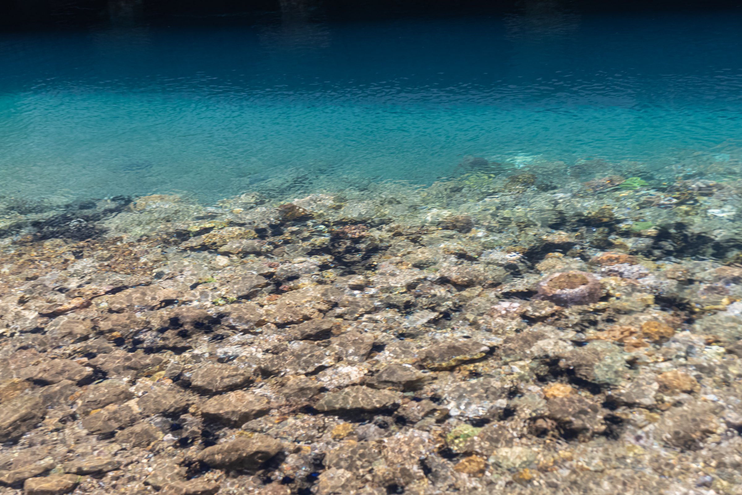 Seabed of loose stones and cobbles stretching away under clear blue water